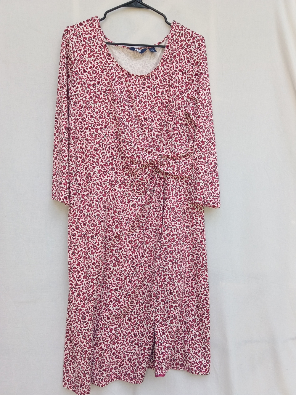 Lands' End White and Red Floral Long-Sleeve Tie-Waist Dress